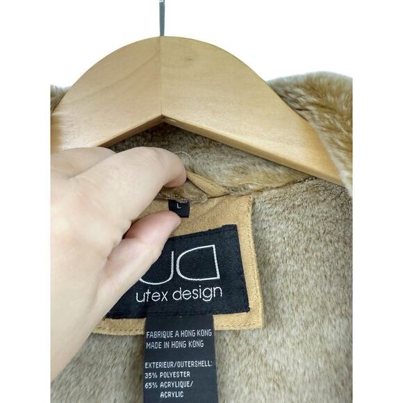 UD Utex Vegan Tan Faux Suede Leather Fur Coat Hooded Shawl Collar Womens Large - Picture 5 of 8